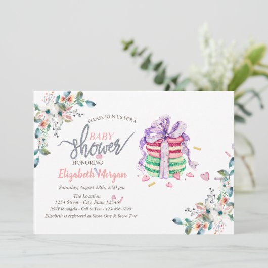 Baby shower Uitnodiging Franse Macarons Flowers (Staand voorkant)