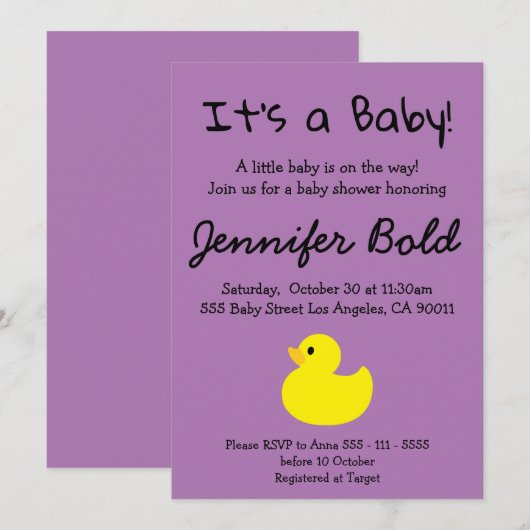 Baby Shower Uitnodiging Gele Eend (Voorkant / Achterkant)
