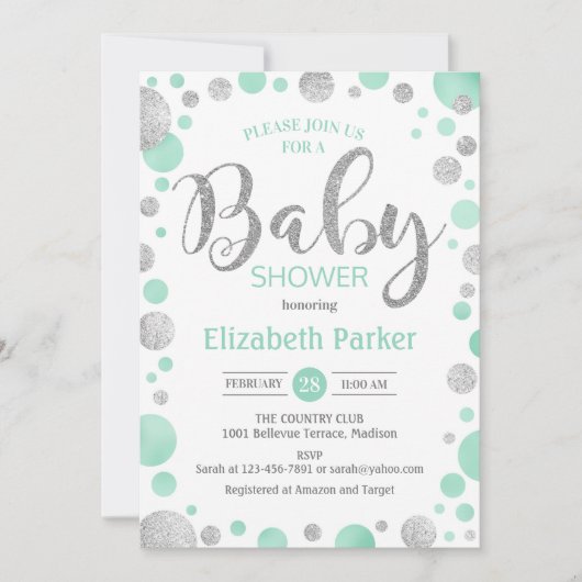 Baby shower Uitnodiging - Green Mint Silver Stippe (Voorkant)