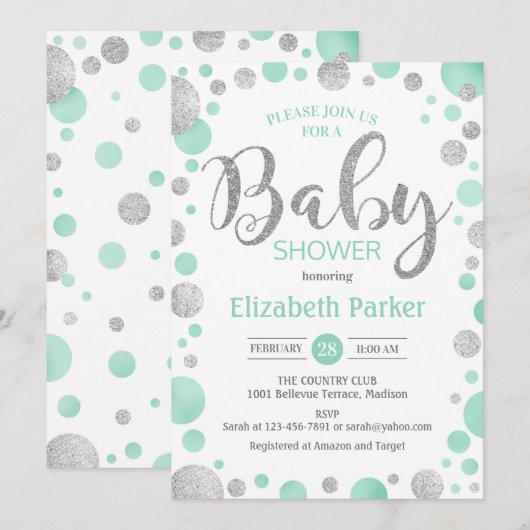 Baby shower Uitnodiging - Green Mint Silver Stippe (Voorkant / Achterkant)