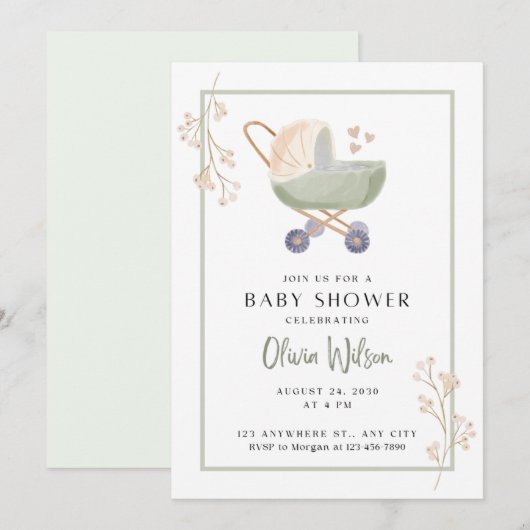 baby shower uitnodiging groene bloemen kinderwagen (Voorkant / Achterkant)