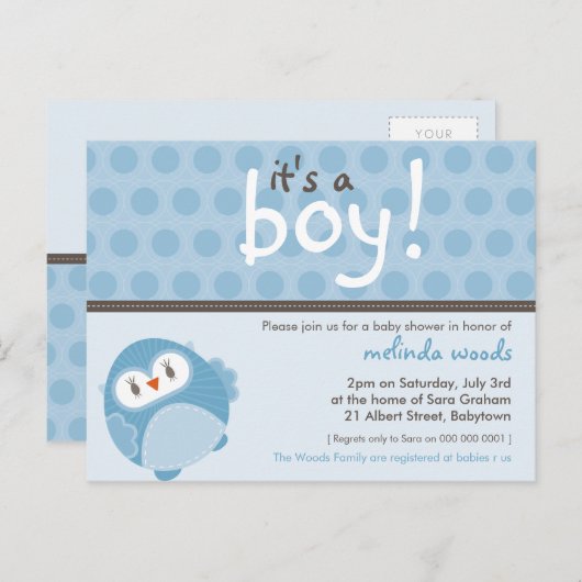 BABY SHOWER UITNODIGING: het is een jongen uil 7 Uitnodiging Briefkaart (Voorkant / Achterkant)