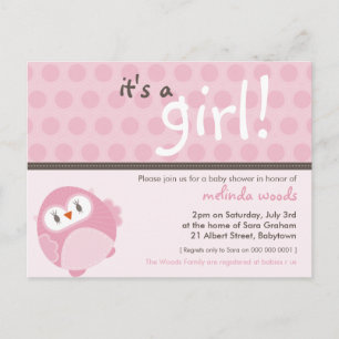 BABY SHOWER UITNODIGING: het is een meisje uil 4 Uitnodiging Briefkaart