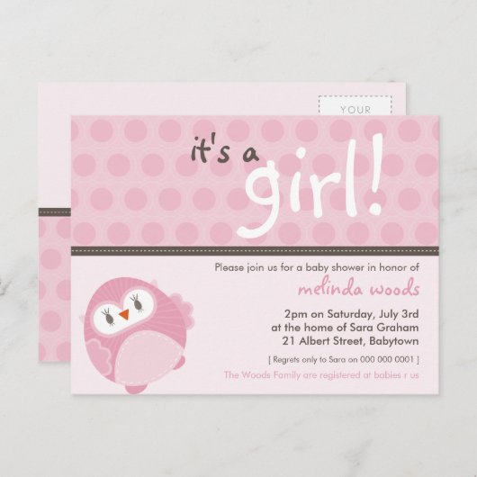 BABY SHOWER UITNODIGING: het is een meisje uil 4 Uitnodiging Briefkaart (Voorkant / Achterkant)
