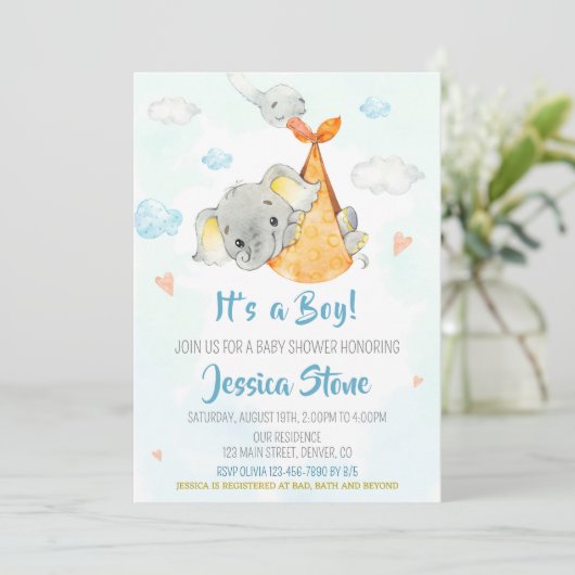 Baby shower-uitnodiging Jongen-baby-olifant Kaart (Staand voorkant)