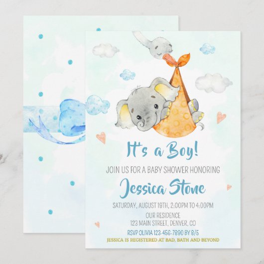 Baby shower-uitnodiging Jongen-baby-olifant Kaart (Voorkant / Achterkant)