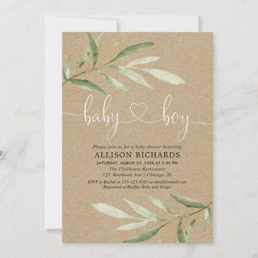 Baby shower uitnodiging jongen rustic kraft greene (Voorkant)