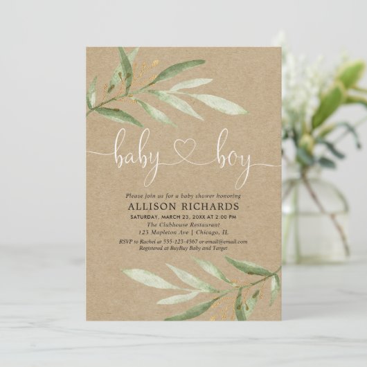 Baby shower uitnodiging jongen rustic kraft greene (Staand voorkant)