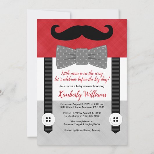 baby shower uitnodiging klein man rood grijs (Voorkant)