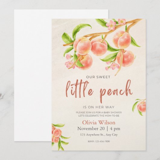 Baby shower-uitnodiging kleine peach feestdagenkaart (Voorkant / Achterkant)