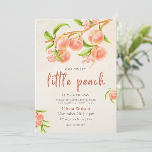 Baby shower-uitnodiging kleine peach feestdagenkaart (Staand voorkant)