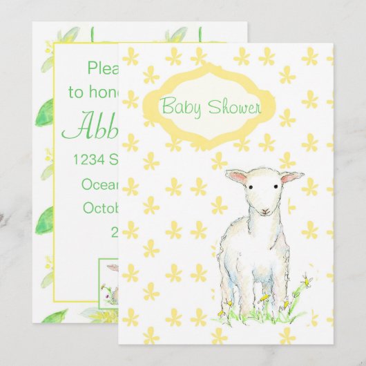 Baby shower Uitnodiging Lam Boerderij Dierentekeni (Voorkant / Achterkant)