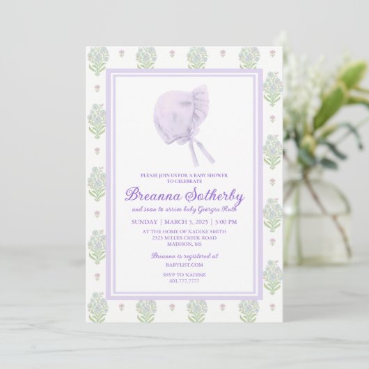 Baby shower Uitnodiging Lavendel met Bonnet (Staand voorkant)