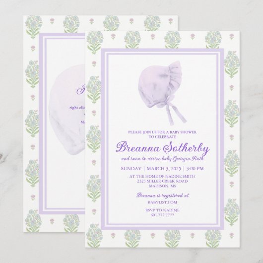 Baby shower Uitnodiging Lavendel met Bonnet (Voorkant / Achterkant)