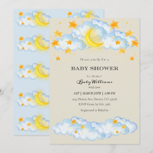 Baby shower Uitnodiging Maan en Sterren Thema (Voorkant / Achterkant)