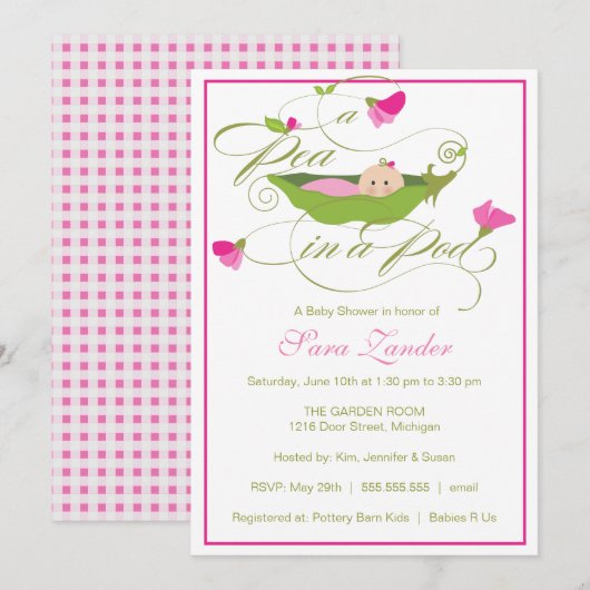 baby shower Uitnodiging - Meisje erwt in een dop (Voorkant / Achterkant)