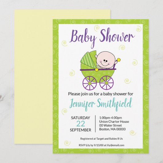 Baby shower Uitnodiging met Baby Carriage (Voorkant / Achterkant)