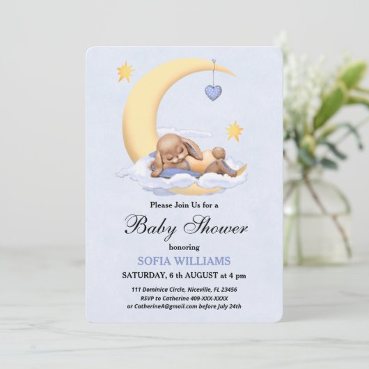 Baby shower uitnodiging met bunny. (Staand voorkant)