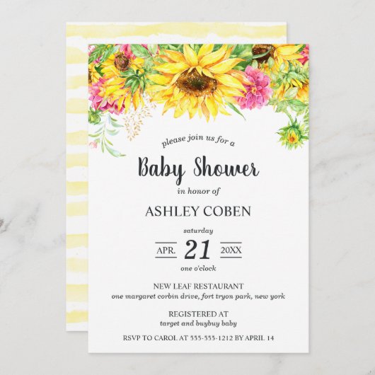 Baby shower Uitnodiging met Cascading Sunflowers (Voorkant / Achterkant)