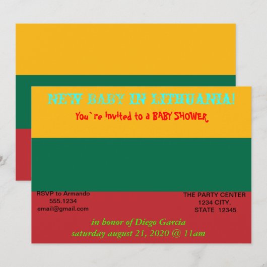 Baby shower Uitnodiging met de vlag van Litouwen (Voorkant / Achterkant)