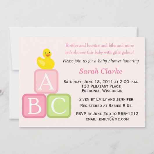 baby shower-uitnodiging met Duckie- en ABC-blokken Kaart (Voorkant)