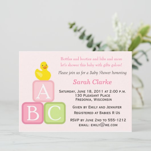 baby shower-uitnodiging met Duckie- en ABC-blokken Kaart (Staand voorkant)