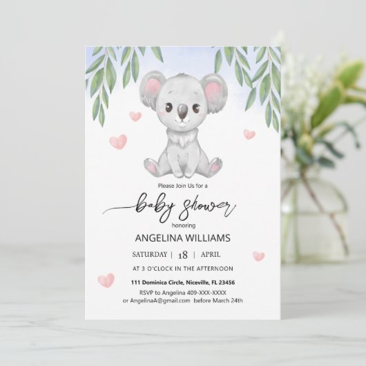 Baby shower uitnodiging met een leuke koala. (Staand voorkant)