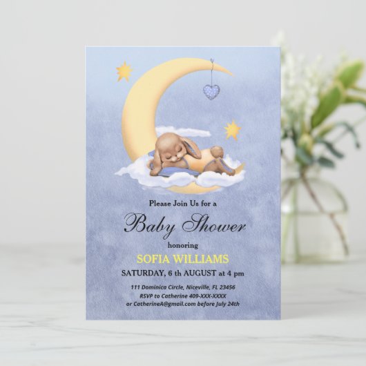Baby shower uitnodiging met een schattig konijntje (Staand voorkant)