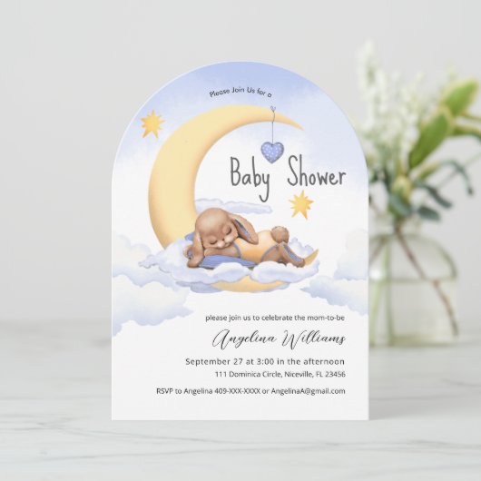 Baby shower uitnodiging met een schattig konijntje (Staand voorkant)