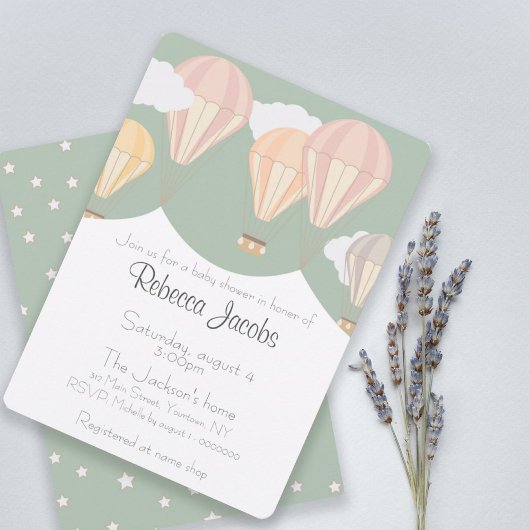 Baby shower Uitnodiging met girly heteluchtballonn