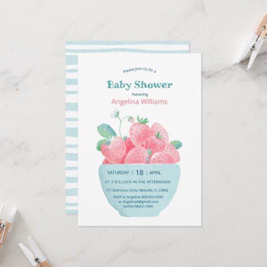 Baby shower uitnodiging met leuke aardbeien (Voorkant / Achterkant in situ)