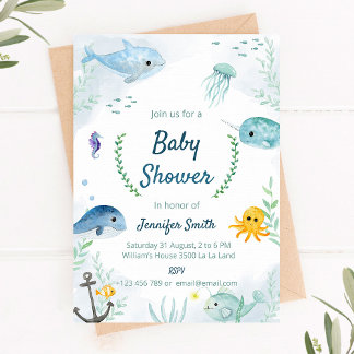 Baby shower uitnodiging met onder het thema zee