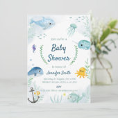 Baby shower uitnodiging met onder het thema zee (Staand voorkant)