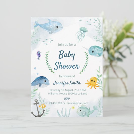 Baby shower uitnodiging met onder het thema zee (Staand voorkant)