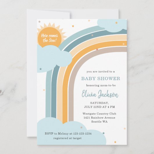 Baby shower uitnodiging met regenboog, zon en wolk (Voorkant)