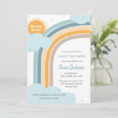 Baby shower uitnodiging met regenboog, zon en wolk (Staand voorkant)