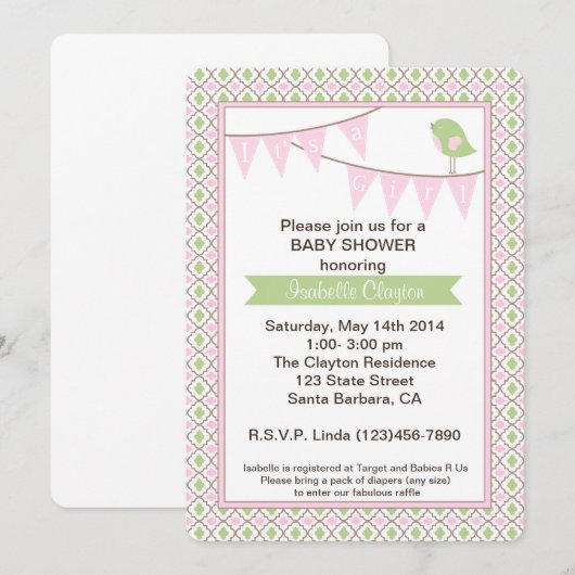 baby shower Uitnodiging met roze Bunting Banner (Voorkant / Achterkant)