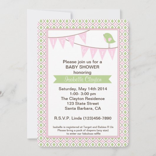 baby shower Uitnodiging met roze Bunting Banner (Voorkant)