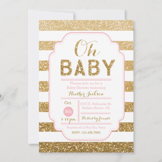 baby shower Uitnodiging met roze en gouden glitter (Voorkant)