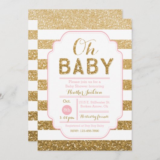 baby shower Uitnodiging met roze en gouden glitter (Voorkant / Achterkant)