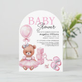 Baby shower uitnodiging met teddybeer. (Staand voorkant)