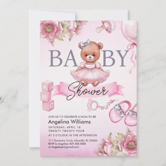 Baby shower uitnodiging met teddybeer. (Voorkant)