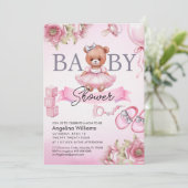 Baby shower uitnodiging met teddybeer. (Staand voorkant)