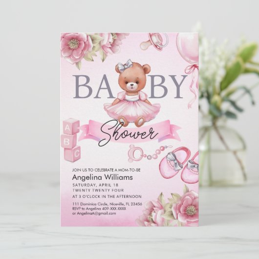 Baby shower uitnodiging met teddybeer. (Staand voorkant)