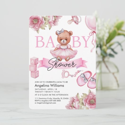Baby shower uitnodiging met teddybeer. (Staand voorkant)