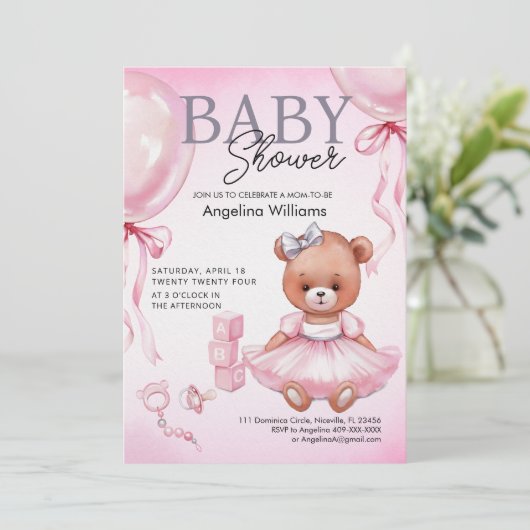 Baby shower uitnodiging met teddybeer. (Staand voorkant)