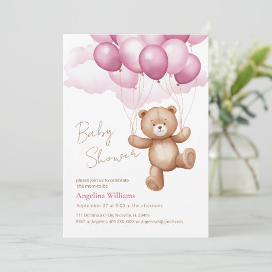 Baby shower uitnodiging met teddybeer. (Staand voorkant)