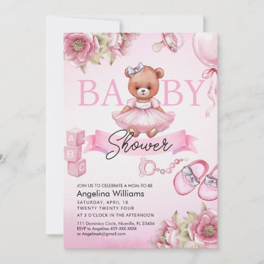 Baby shower uitnodiging met teddybeer. (Voorkant)