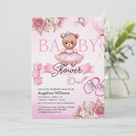 Baby shower uitnodiging met teddybeer. (Staand voorkant)