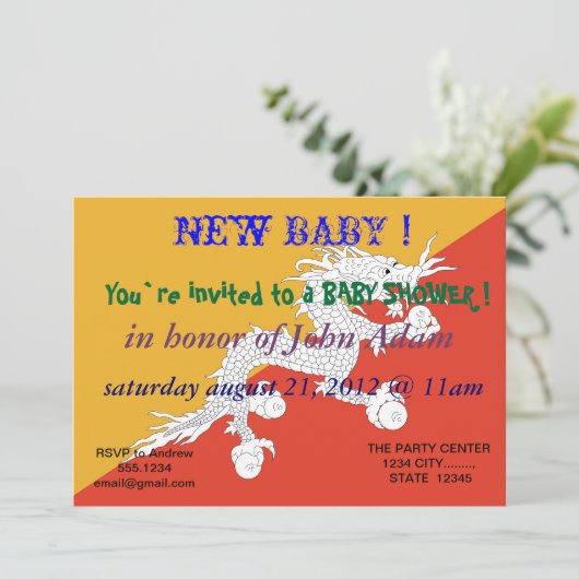 Baby shower Uitnodiging met vlag van Bhutan (Staand voorkant)